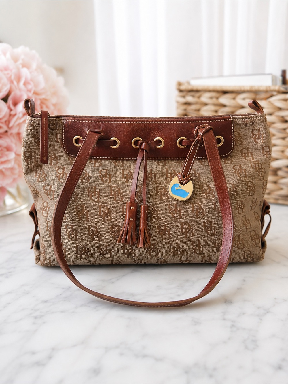 Dooney & Bourke Vintage DB Monogram Drawstring Shoulder Tote Blue Duck Charm